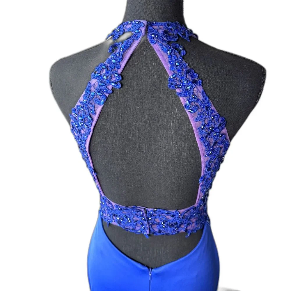1006 Size 6 Morilee royal blue illusion halter gown mermaid slit train backless - Picture 4 of 5